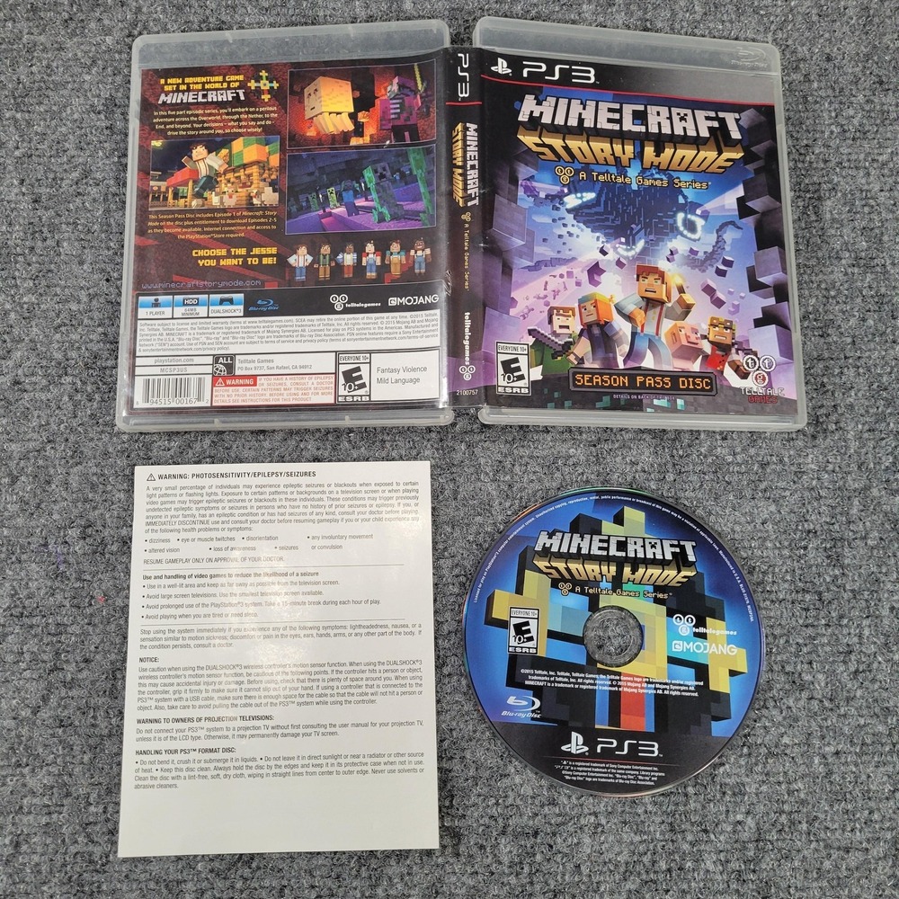 Minecraft Story Mode Season Pass Disc PS3 Game E10+ Telltale NTSC-U/C Manual